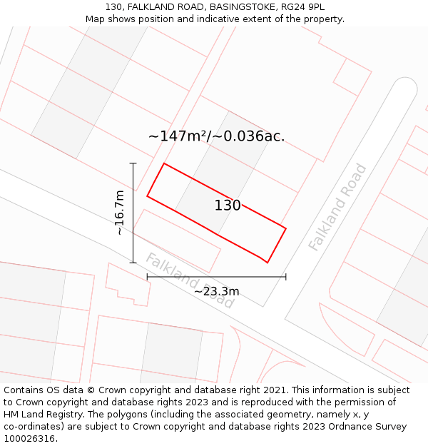 130, FALKLAND ROAD, BASINGSTOKE, RG24 9PL: Plot and title map
