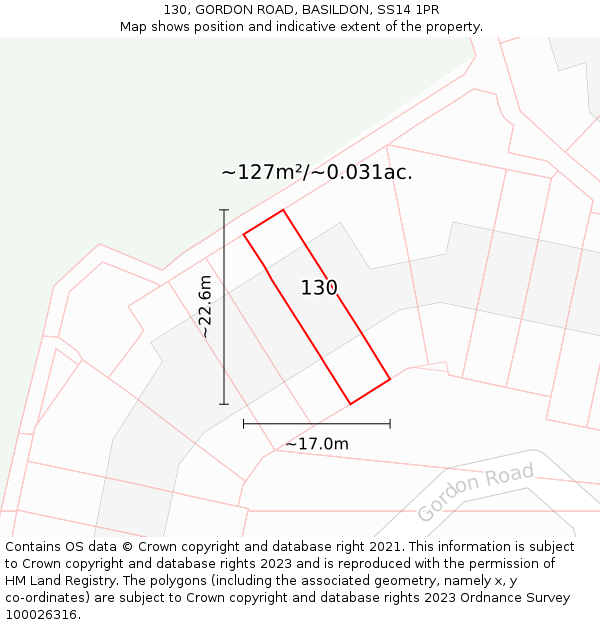 130, GORDON ROAD, BASILDON, SS14 1PR: Plot and title map