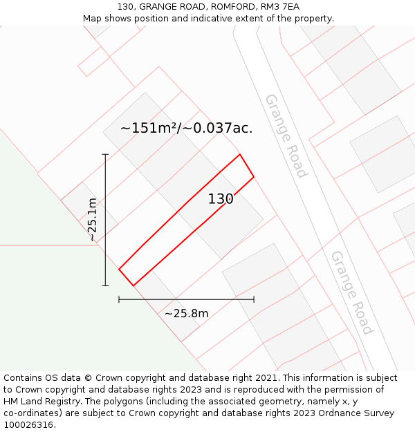 130, GRANGE ROAD, ROMFORD, RM3 7EA: Plot and title map