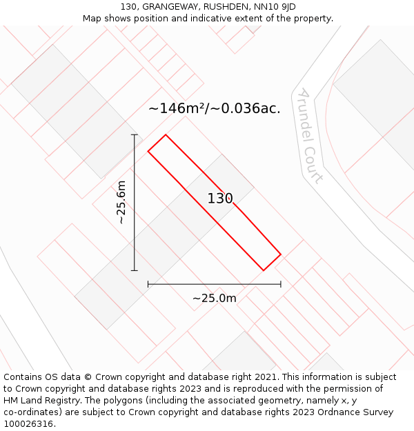 130, GRANGEWAY, RUSHDEN, NN10 9JD: Plot and title map