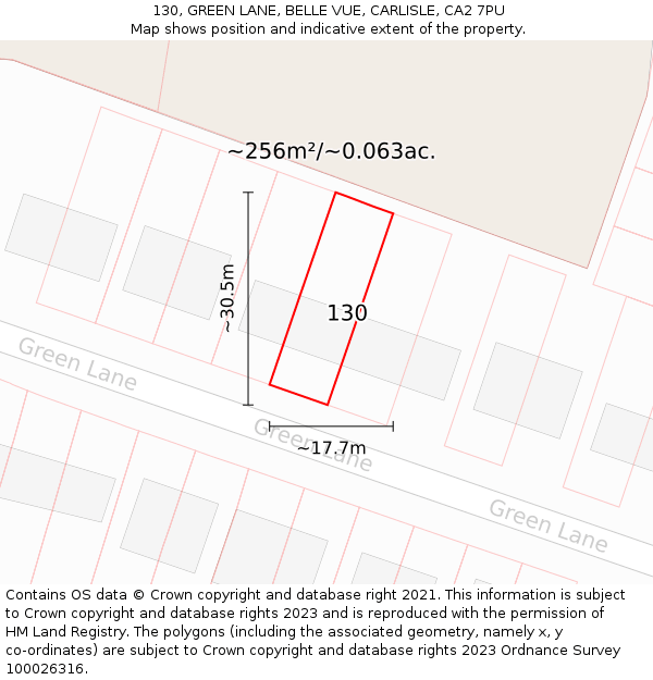 130, GREEN LANE, BELLE VUE, CARLISLE, CA2 7PU: Plot and title map
