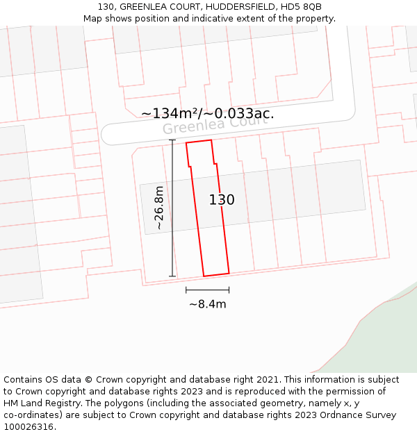 130, GREENLEA COURT, HUDDERSFIELD, HD5 8QB: Plot and title map
