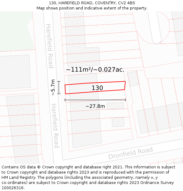 130, HAREFIELD ROAD, COVENTRY, CV2 4BS: Plot and title map