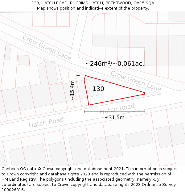 130, HATCH ROAD, PILGRIMS HATCH, BRENTWOOD, CM15 9QA: Plot and title map