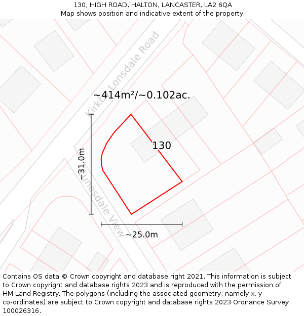 130, HIGH ROAD, HALTON, LANCASTER, LA2 6QA: Plot and title map