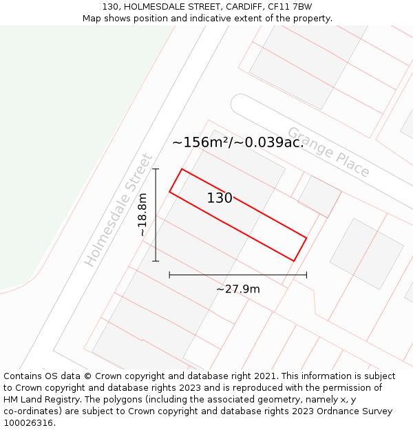 130, HOLMESDALE STREET, CARDIFF, CF11 7BW: Plot and title map