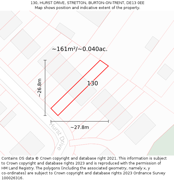 130, HURST DRIVE, STRETTON, BURTON-ON-TRENT, DE13 0EE: Plot and title map