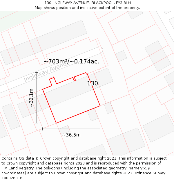 130, INGLEWAY AVENUE, BLACKPOOL, FY3 8LH: Plot and title map