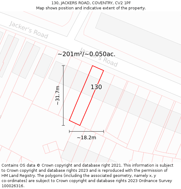 130, JACKERS ROAD, COVENTRY, CV2 1PF: Plot and title map