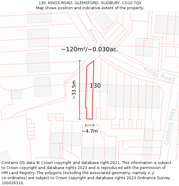 130, KINGS ROAD, GLEMSFORD, SUDBURY, CO10 7QX: Plot and title map