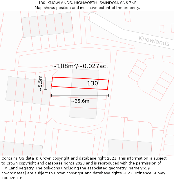 130, KNOWLANDS, HIGHWORTH, SWINDON, SN6 7NE: Plot and title map