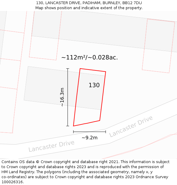 130, LANCASTER DRIVE, PADIHAM, BURNLEY, BB12 7DU: Plot and title map