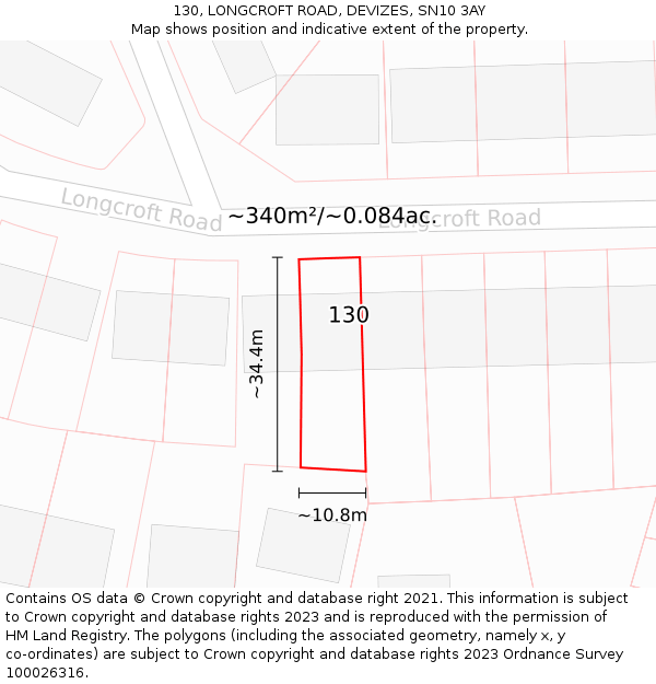 130, LONGCROFT ROAD, DEVIZES, SN10 3AY: Plot and title map
