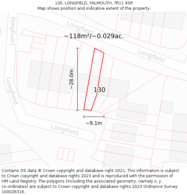 130, LONGFIELD, FALMOUTH, TR11 4SR: Plot and title map