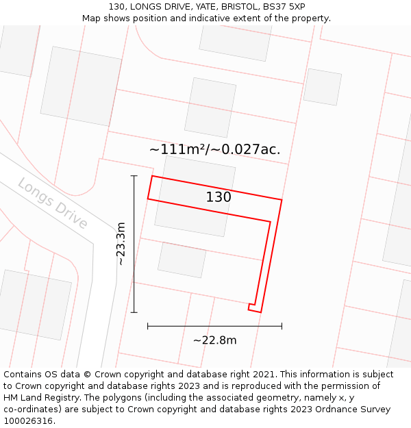 130, LONGS DRIVE, YATE, BRISTOL, BS37 5XP: Plot and title map