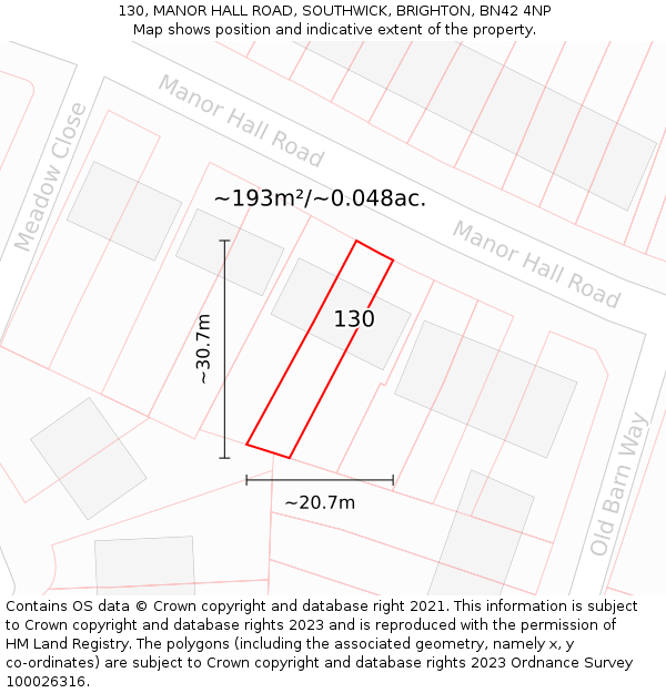 130, MANOR HALL ROAD, SOUTHWICK, BRIGHTON, BN42 4NP: Plot and title map