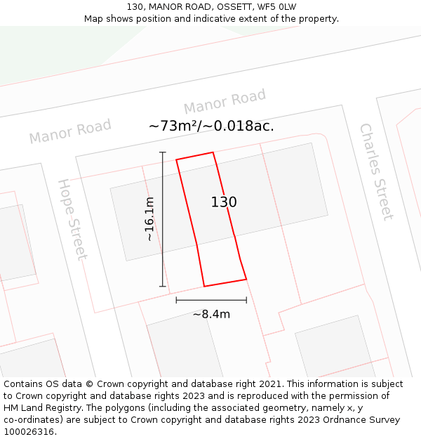 130, MANOR ROAD, OSSETT, WF5 0LW: Plot and title map