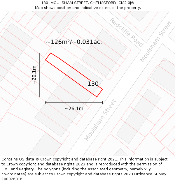 130, MOULSHAM STREET, CHELMSFORD, CM2 0JW: Plot and title map
