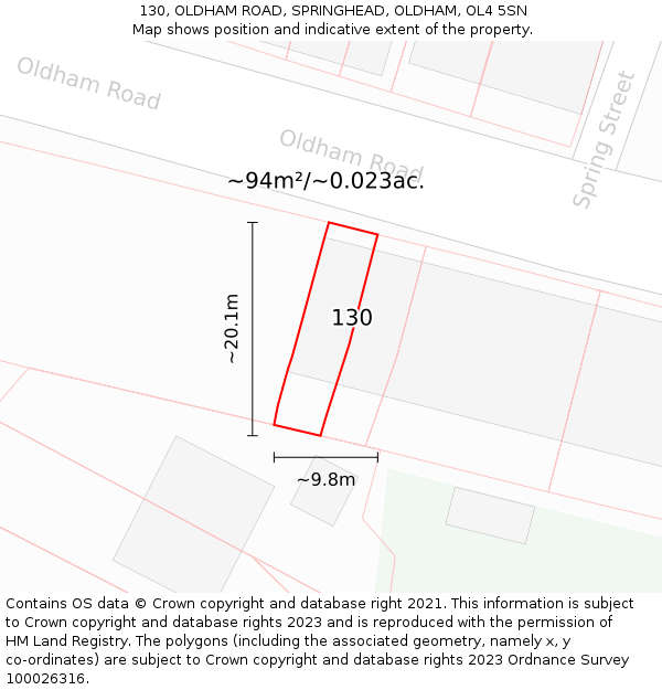 130, OLDHAM ROAD, SPRINGHEAD, OLDHAM, OL4 5SN: Plot and title map