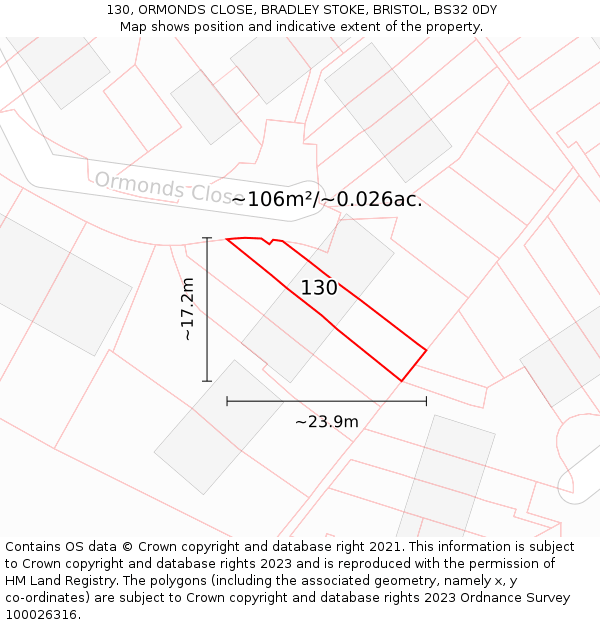 130, ORMONDS CLOSE, BRADLEY STOKE, BRISTOL, BS32 0DY: Plot and title map