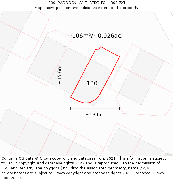 130, PADDOCK LANE, REDDITCH, B98 7XT: Plot and title map