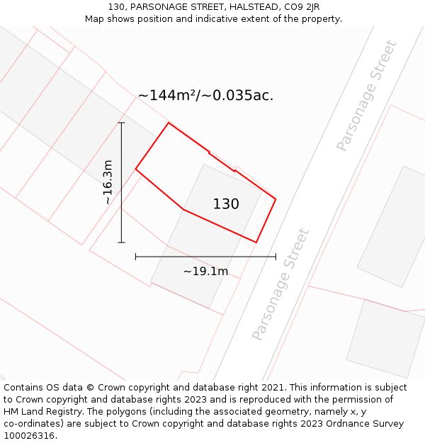 130, PARSONAGE STREET, HALSTEAD, CO9 2JR: Plot and title map
