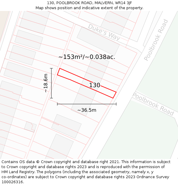 130, POOLBROOK ROAD, MALVERN, WR14 3JF: Plot and title map