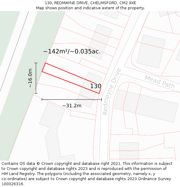 130, REDMAYNE DRIVE, CHELMSFORD, CM2 9XE: Plot and title map