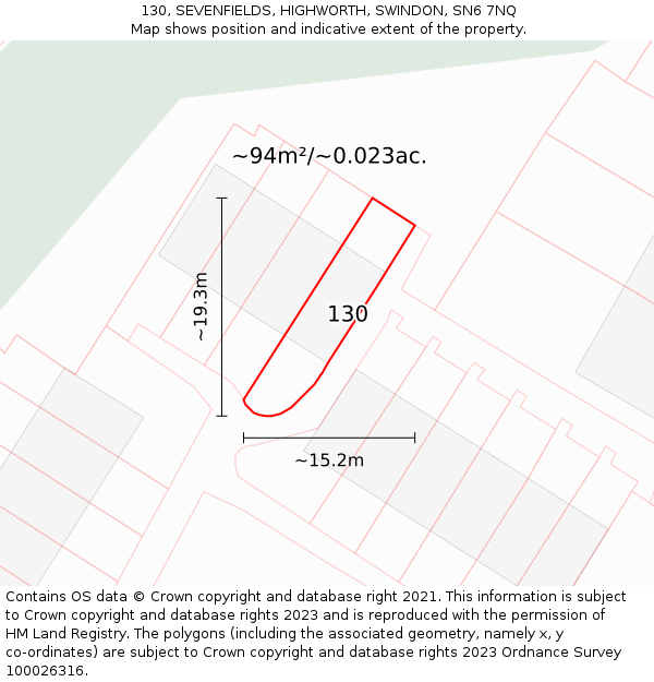 130, SEVENFIELDS, HIGHWORTH, SWINDON, SN6 7NQ: Plot and title map