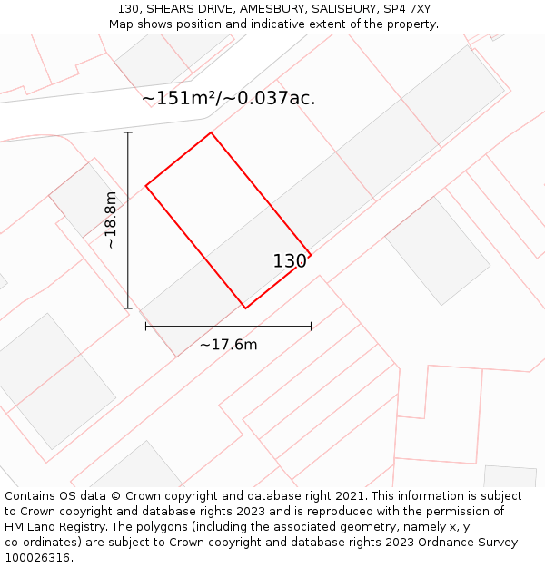 130, SHEARS DRIVE, AMESBURY, SALISBURY, SP4 7XY: Plot and title map