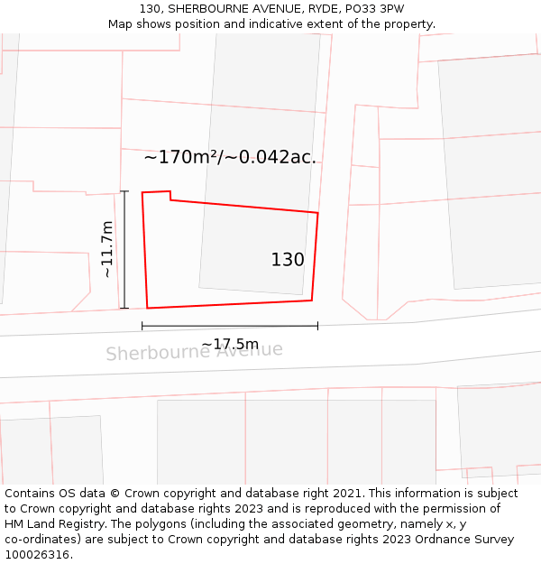 130, SHERBOURNE AVENUE, RYDE, PO33 3PW: Plot and title map