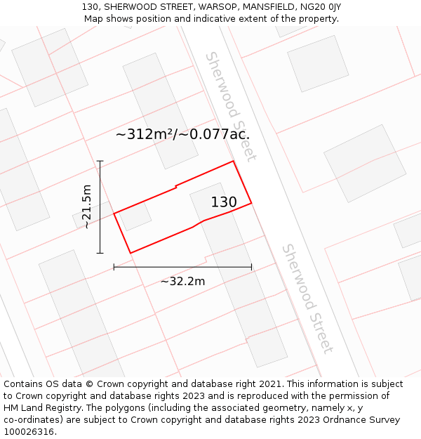 130, SHERWOOD STREET, WARSOP, MANSFIELD, NG20 0JY: Plot and title map