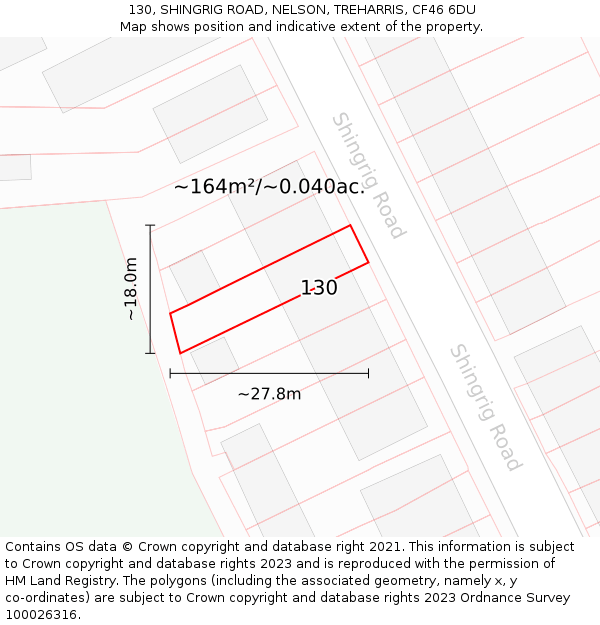 130, SHINGRIG ROAD, NELSON, TREHARRIS, CF46 6DU: Plot and title map
