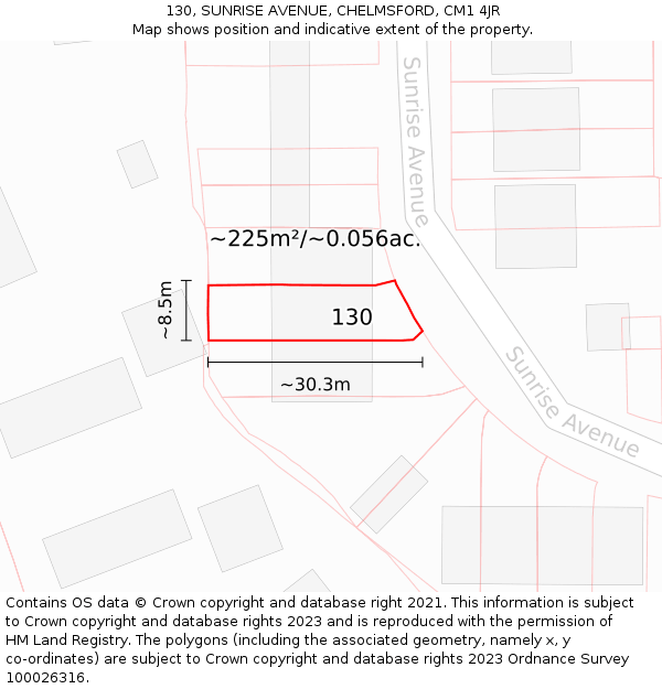 130, SUNRISE AVENUE, CHELMSFORD, CM1 4JR: Plot and title map