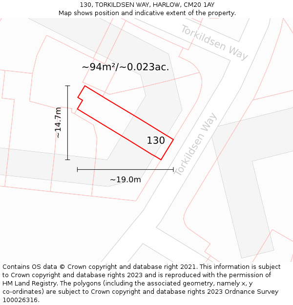 130, TORKILDSEN WAY, HARLOW, CM20 1AY: Plot and title map