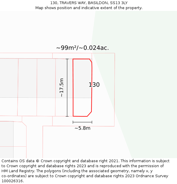 130, TRAVERS WAY, BASILDON, SS13 3LY: Plot and title map