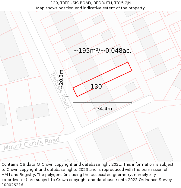 130, TREFUSIS ROAD, REDRUTH, TR15 2JN: Plot and title map