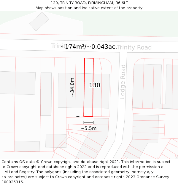 130, TRINITY ROAD, BIRMINGHAM, B6 6LT: Plot and title map