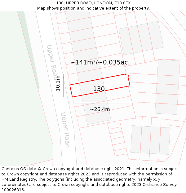 130, UPPER ROAD, LONDON, E13 0EX: Plot and title map