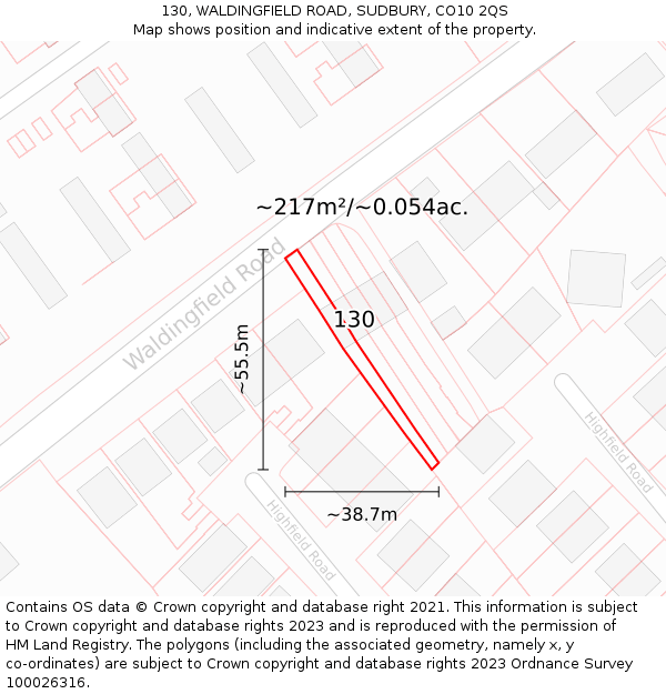 130, WALDINGFIELD ROAD, SUDBURY, CO10 2QS: Plot and title map