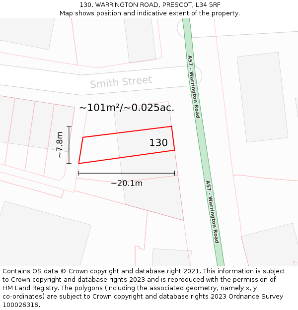 130, WARRINGTON ROAD, PRESCOT, L34 5RF: Plot and title map