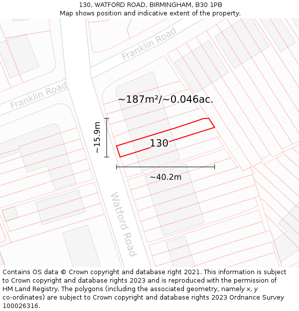 130, WATFORD ROAD, BIRMINGHAM, B30 1PB: Plot and title map