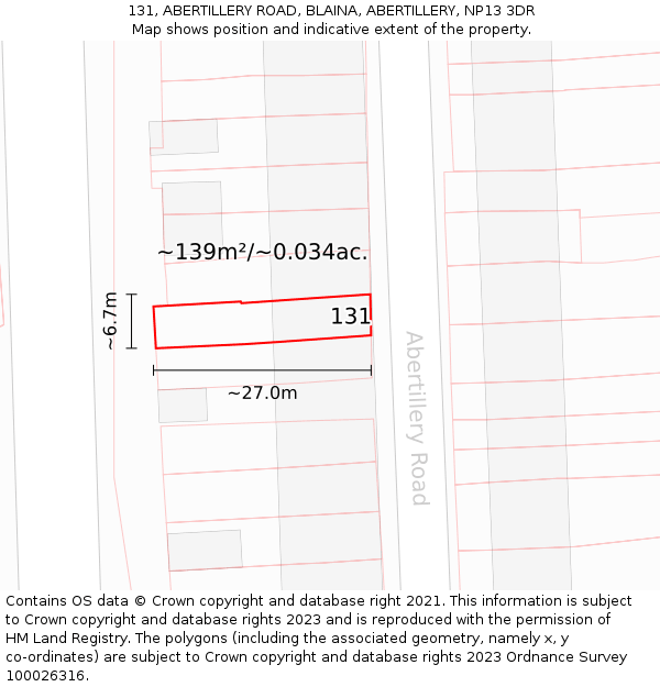 131, ABERTILLERY ROAD, BLAINA, ABERTILLERY, NP13 3DR: Plot and title map