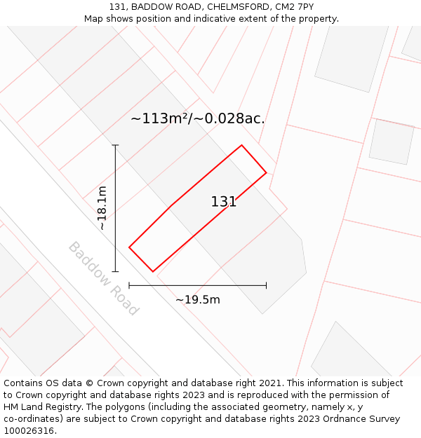 131, BADDOW ROAD, CHELMSFORD, CM2 7PY: Plot and title map