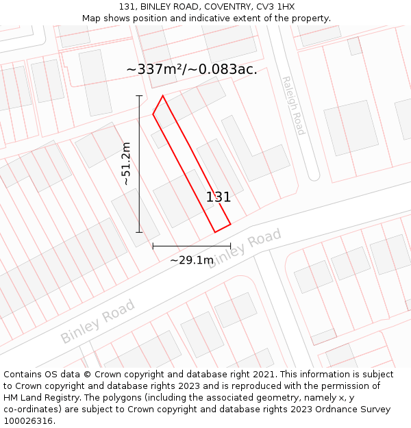 131, BINLEY ROAD, COVENTRY, CV3 1HX: Plot and title map