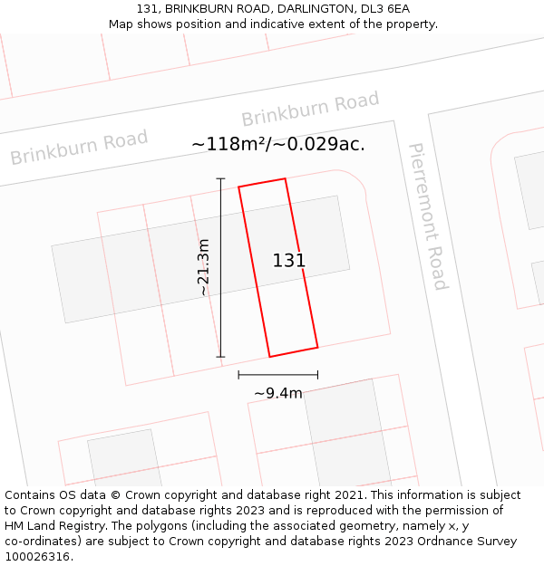 131, BRINKBURN ROAD, DARLINGTON, DL3 6EA: Plot and title map