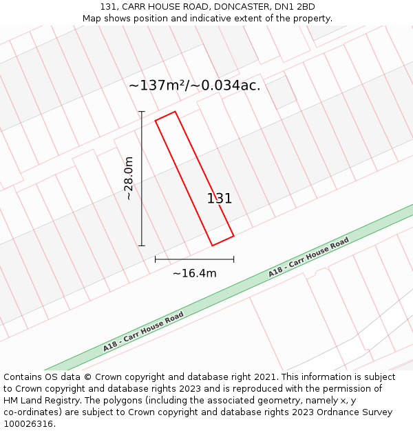 131, CARR HOUSE ROAD, DONCASTER, DN1 2BD: Plot and title map