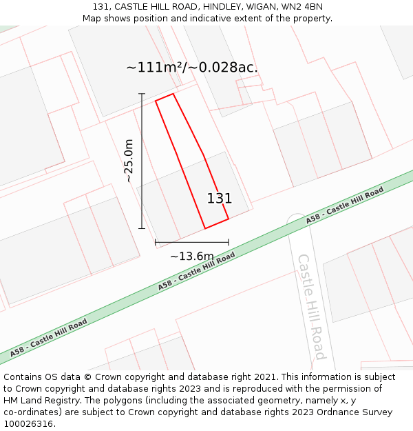 131, CASTLE HILL ROAD, HINDLEY, WIGAN, WN2 4BN: Plot and title map