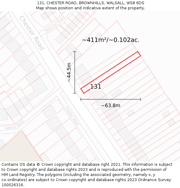131, CHESTER ROAD, BROWNHILLS, WALSALL, WS8 6DS: Plot and title map