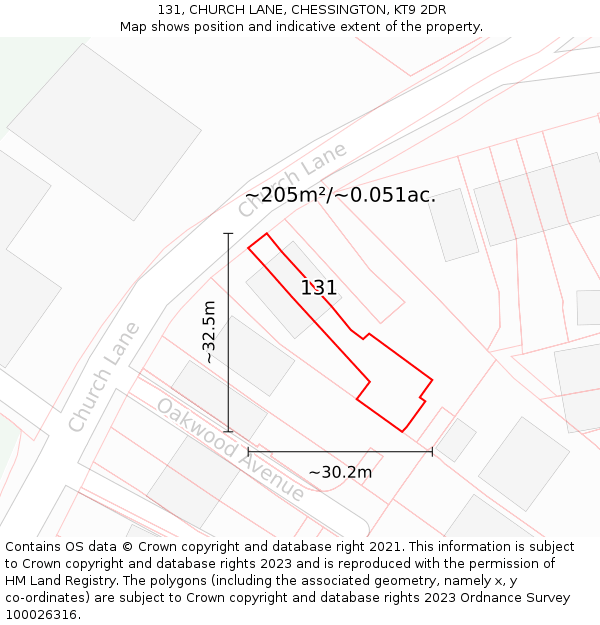 131, CHURCH LANE, CHESSINGTON, KT9 2DR: Plot and title map